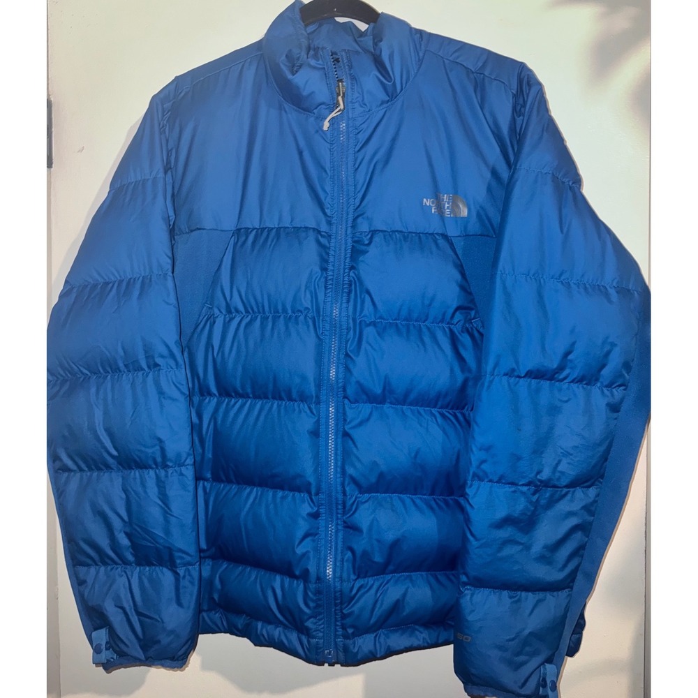 The North Face 550 Down Puffer Jacket Mens XL Blue Full Zip Insulated Coat FLAW